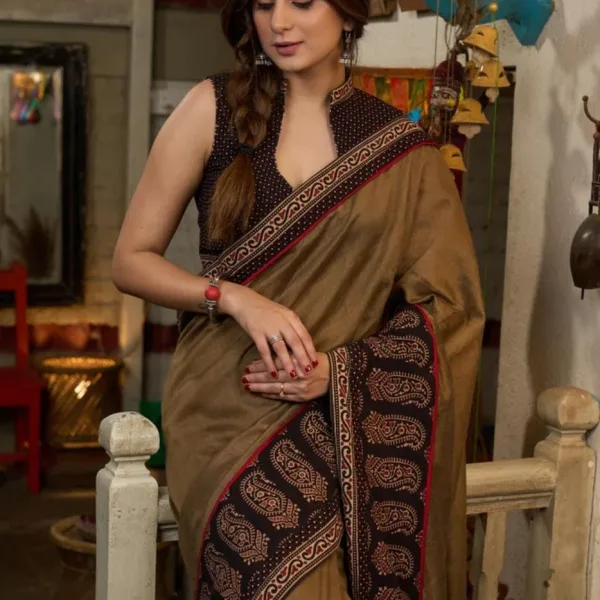 Handcrafted Pure Cotton Ajrak Saree Earthy Brown with Black Border