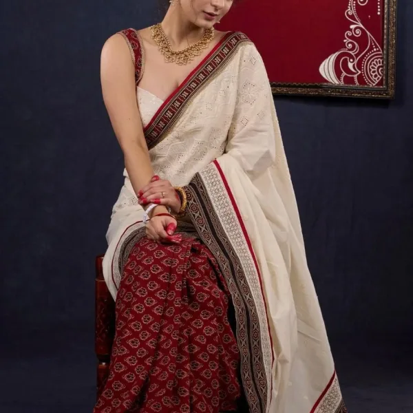 Off White & Maroon Pure Cotton Ajrak Saree with Embroidered Pallu