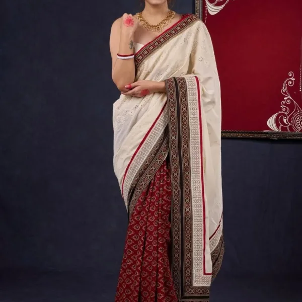 Off White & Maroon Pure Cotton Ajrak Saree with Embroidered Pallu