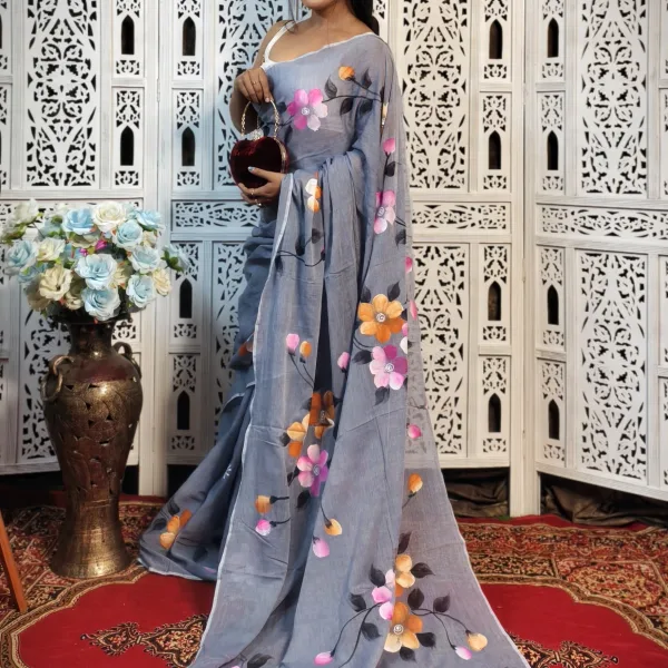 Pure Mul Cotton Hand Painted Floral Saree with Handcrafted Art