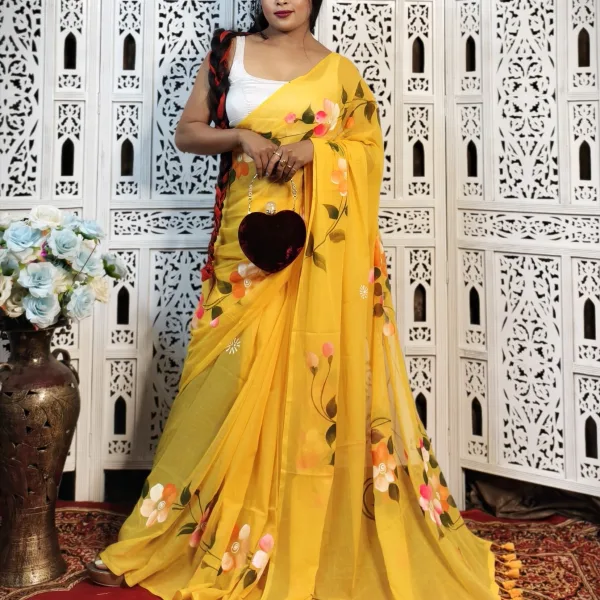Pure Mul Cotton Hand Painted Floral Saree for Casual Wear Yellow