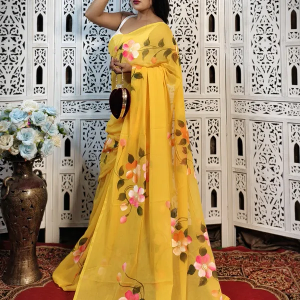 Pure Mul Cotton Hand Painted Floral Saree for Casual Wear Yellow