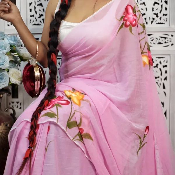 Pure Mul Cotton Hand Painted Floral Saree with Artistic Prints