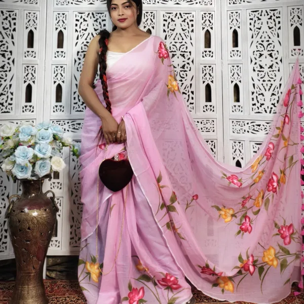 Pure Mul Cotton Hand Painted Floral Saree with Artistic Prints