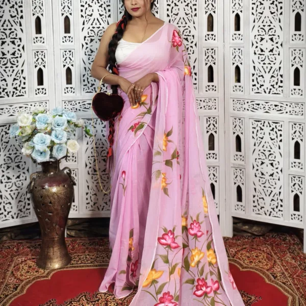 Pure Mul Cotton Hand Painted Floral Saree with Artistic Prints