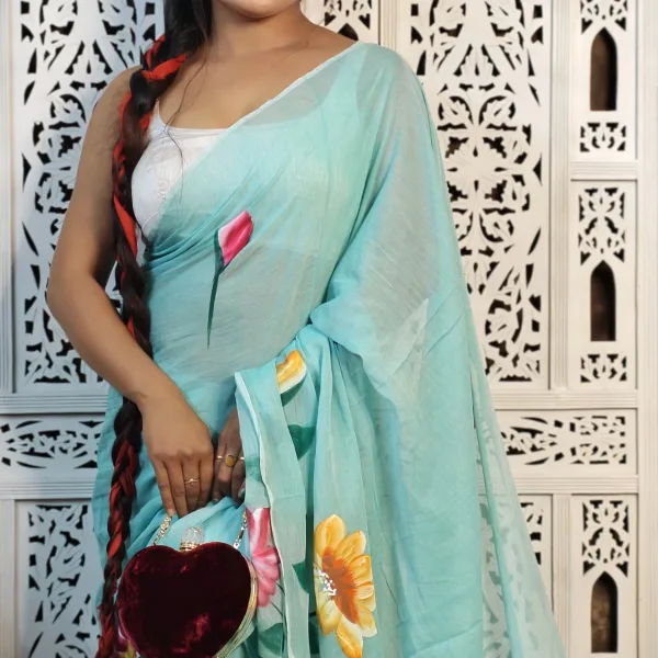 Pure Mul Cotton Hand Painted Floral Saree in Elegant Design