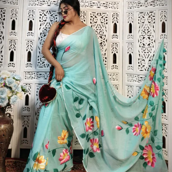 Pure Mul Cotton Hand Painted Floral Saree in Elegant Design