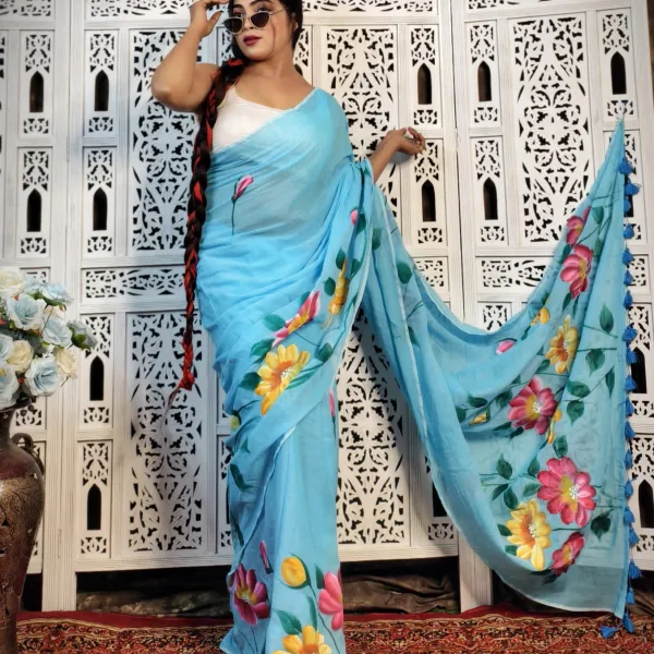 Pure Mul Cotton Hand Painted Floral Saree with Soft Pastel Art