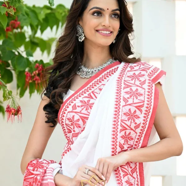 Festive Khadi Cotton Saree in White & Pink Woven Border