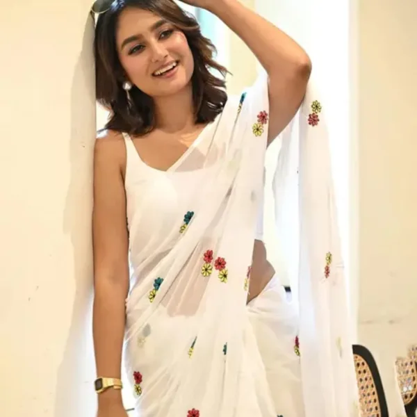 White Khadi Cotton Saree with Colorful Floral Embroidery