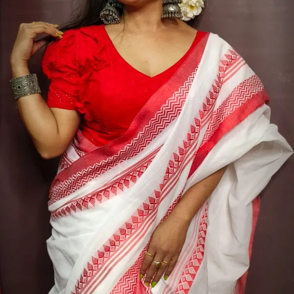 Traditional White & Red Khadi Cotton Saree Festive Wear