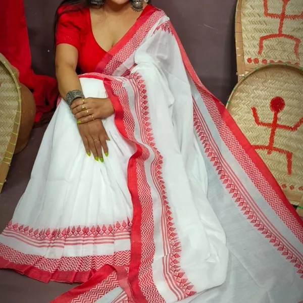 Traditional White & Red Khadi Cotton Saree Festive Wear