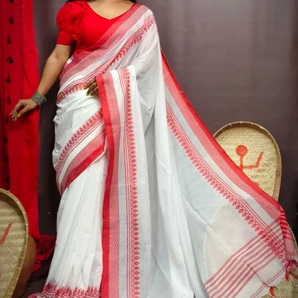 Traditional White & Red Khadi Cotton Saree Festive Wear