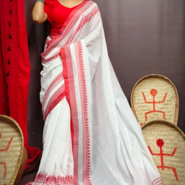 Traditional White & Red Khadi Cotton Saree Festive Wear