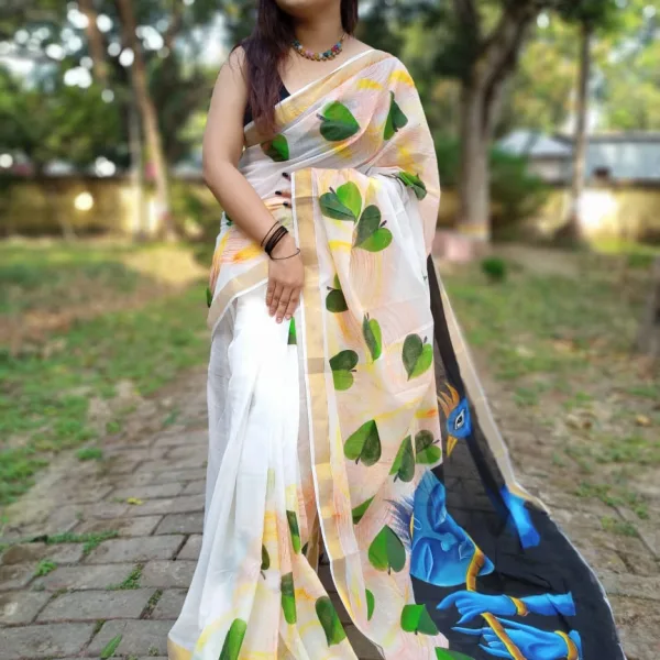Elegant Kerala Cotton Hand Painted Saree with Peacock Art