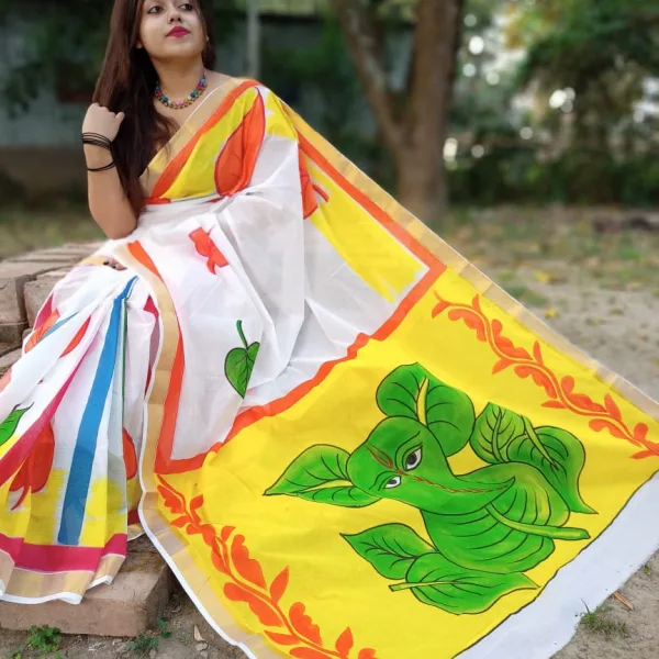 Kerala Cotton Hand Painted Saree with Leaf Ganesha Motif
