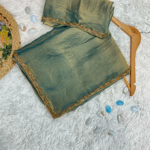 Teal Organza Banarasi Silk Saree Zari Woven Border Designer Look