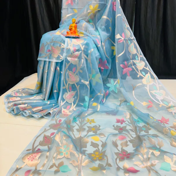 Premium Handcrafted Muslin Saree with Blouse Piece Floral Weaves