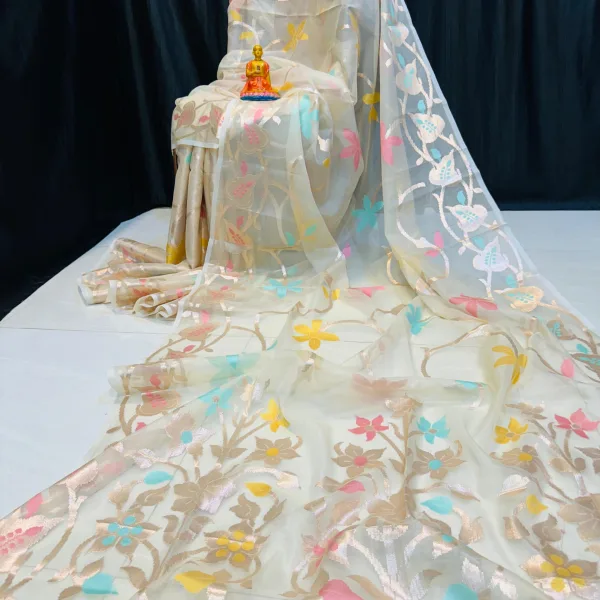 Muslin Saree Handcrafted Premium Blouse Piece Elegant Floral Design