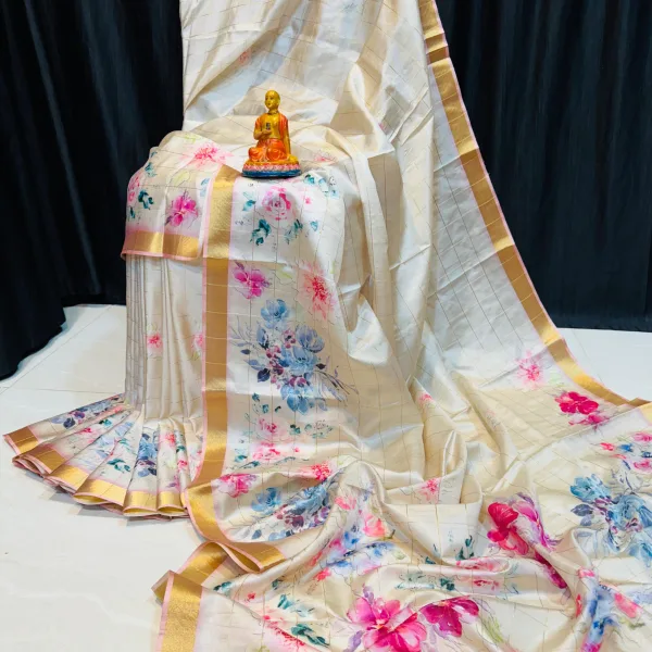 Floral Viscose Modal Silk Saree Elegant Golden Border Blouse Piece