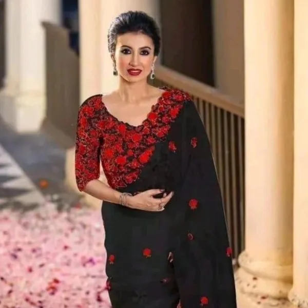 Bollywood Party Wear Organza Black Saree with Embroidered Blouse
