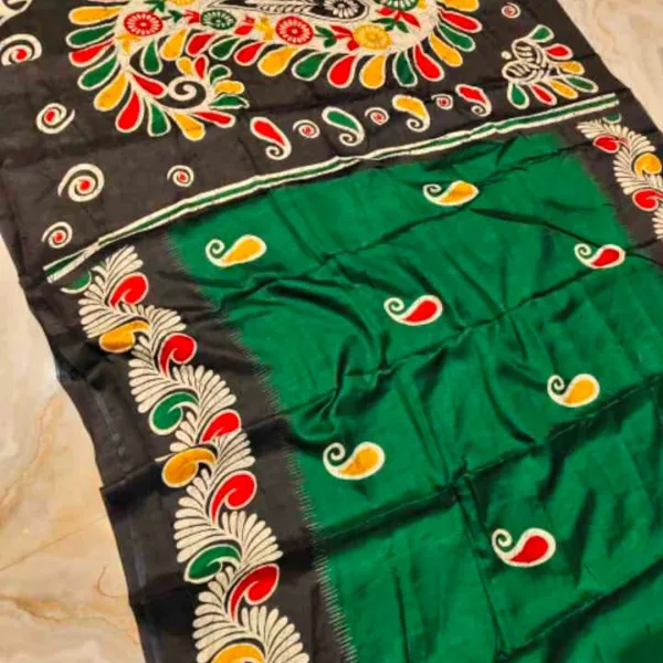 Designer Semi Pure Silk Saree with Blouse Piece Dark Green