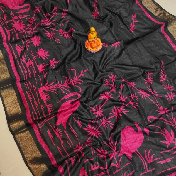 Exclusive Matka Slub Silk Saree Premium Soft Fabric Look Black Pink
