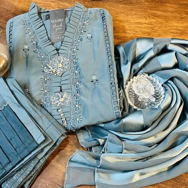 Blue Embroidered Suit with Matching Dupatta