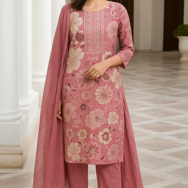 Dusty Rose Floral Printed Kurta Set with Solid Dupatta