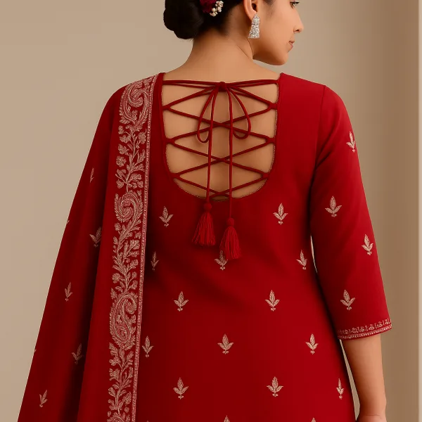 Elegant Red Embroidered Pure Cotton Suit Set