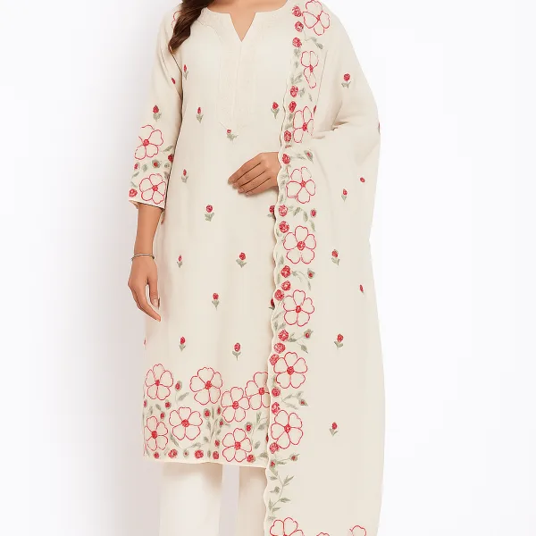 Ivory Floral Embroidered Cotton Suit Set for Women