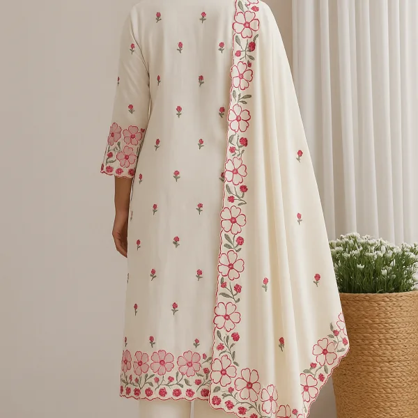 Ivory Floral Embroidered Cotton Suit Set for Women