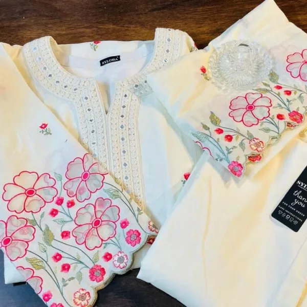 Ivory Floral Embroidered Cotton Suit Set for Women