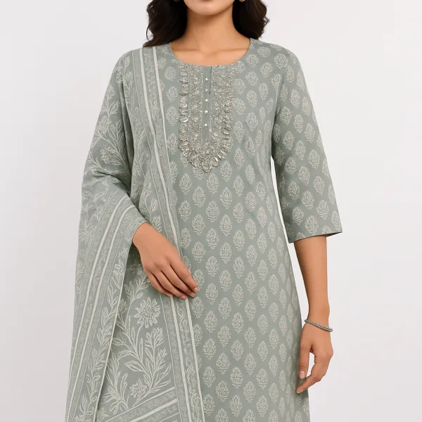 Grey Printed Suit Set with Matching Dupatta