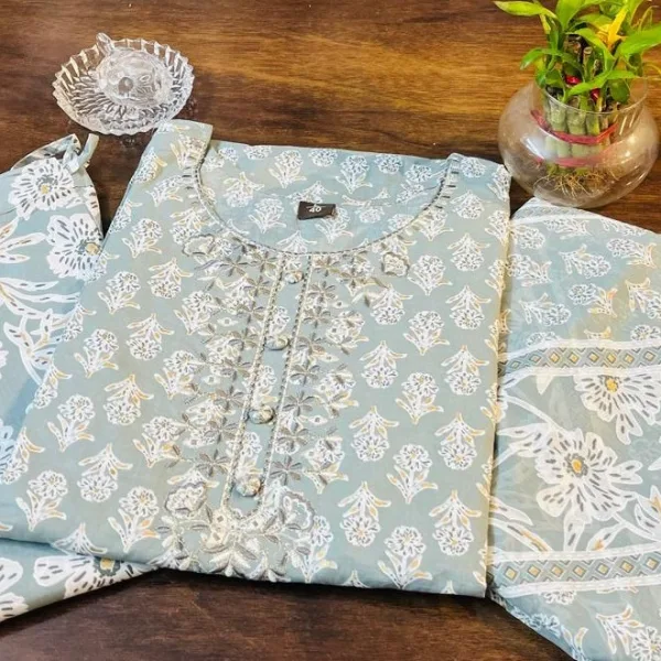 Grey Printed Suit Set with Matching Dupatta