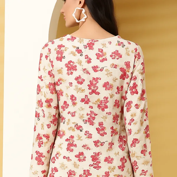 Floral Printed Cotton Short Kurti Cream Color for Women