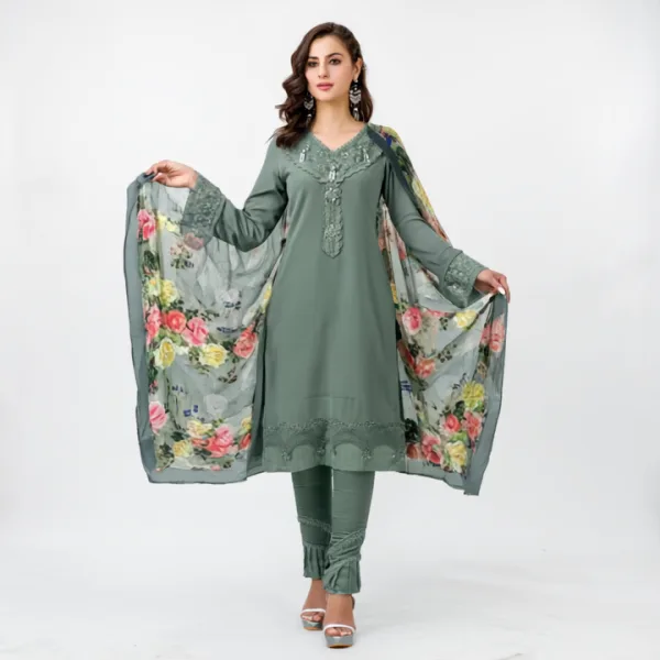 Sage Green Embroidered Georgette Suit with Floral Dupatta