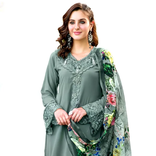 Sage Green Embroidered Georgette Suit with Floral Dupatta