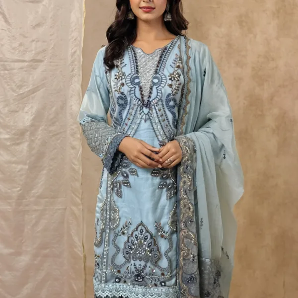 Sky Blue Embroidered Suit Set with Dupatta