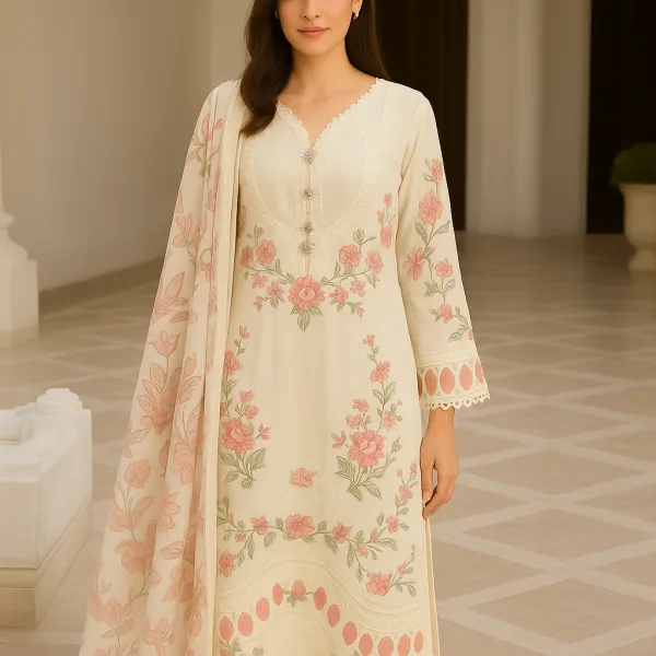 Ivory Floral Embroidered Suit Set with Sheer Dupatta