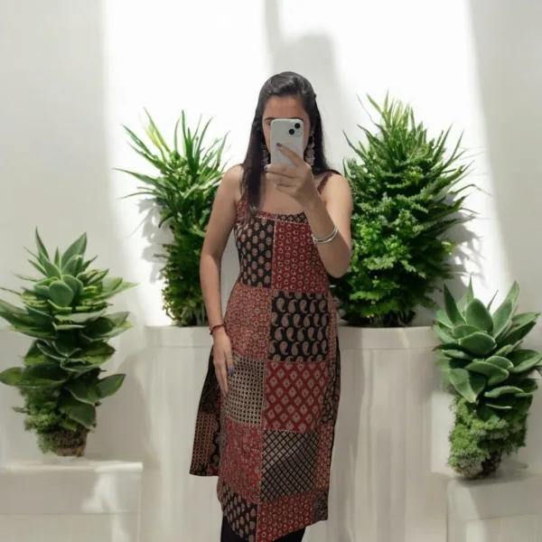 Jaipuri Patchwork Print Sleeveless Long Kurti with plazzo