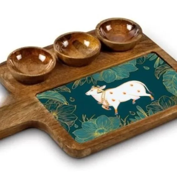 Rectangular Mango Wood Serving Tray With Three Bowl Combo For Snacks