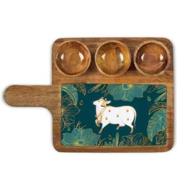 Rectangular Mango Wood Serving Tray With Three Bowl Combo For Snacks