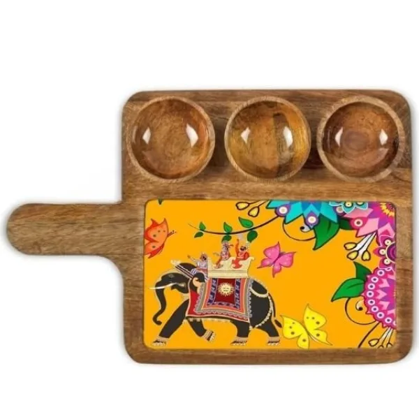 Modern Mango Wood Snack Serving Tray With Handle And Three Bowls