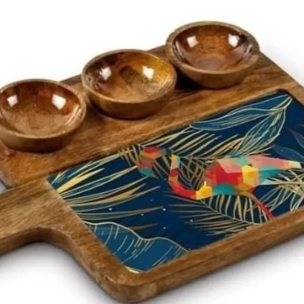 Decorative Mango Wood Appetizer Tray With Handle And Bowl Inserts