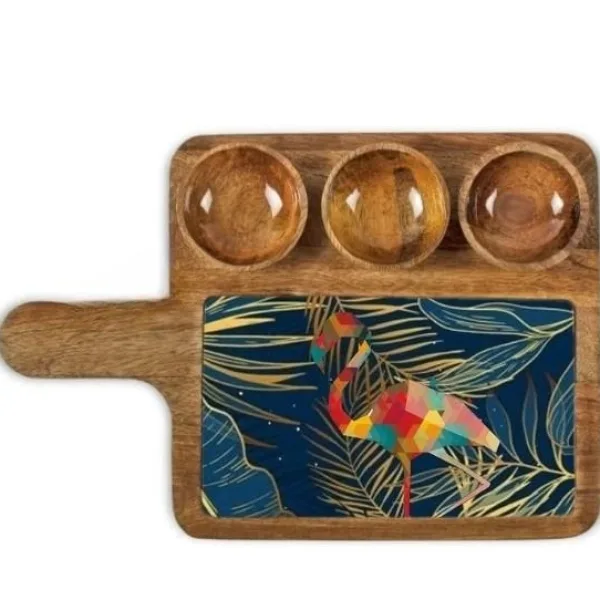 Decorative Mango Wood Appetizer Tray With Handle And Bowl Inserts