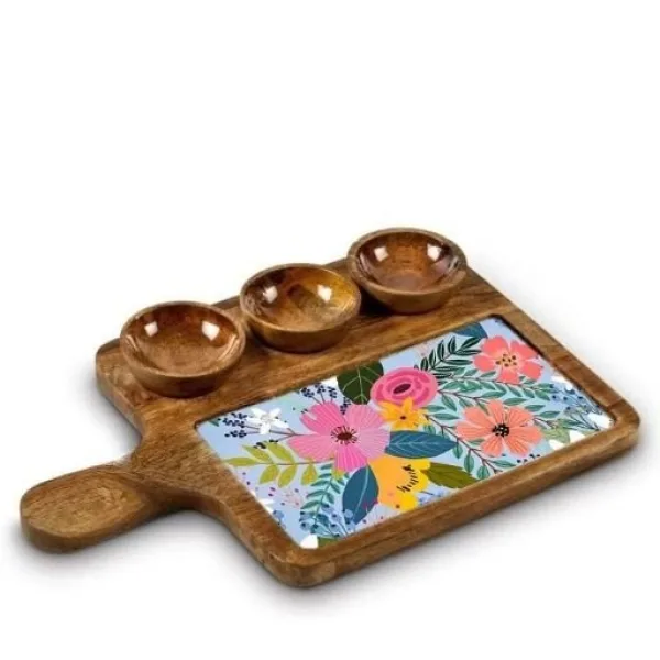 Stylish Mango Wood Snack Tray With Handle And Three Bowl Arrangement