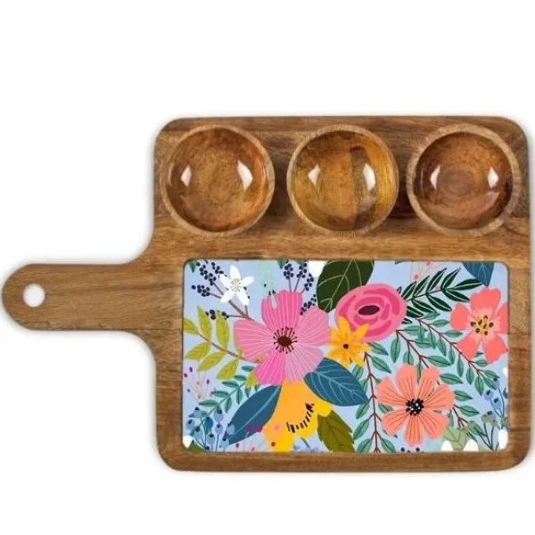 Stylish Mango Wood Snack Tray With Handle And Three Bowl Arrangement