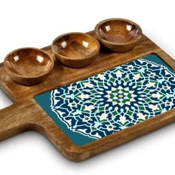 Classic Mango Wood Printed Serving Tray With Handle And Three Bowls