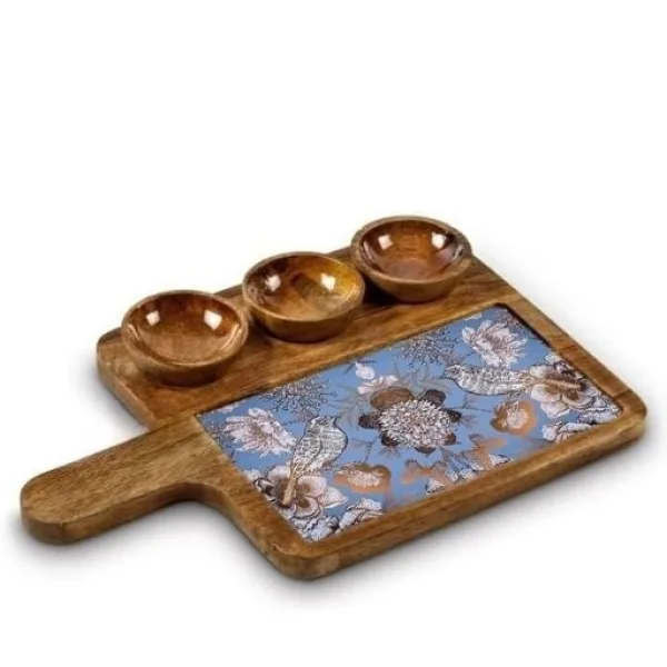 Artistic Mango Wood Snack Serving Platter With Three Bowl Set 16x10 Inch